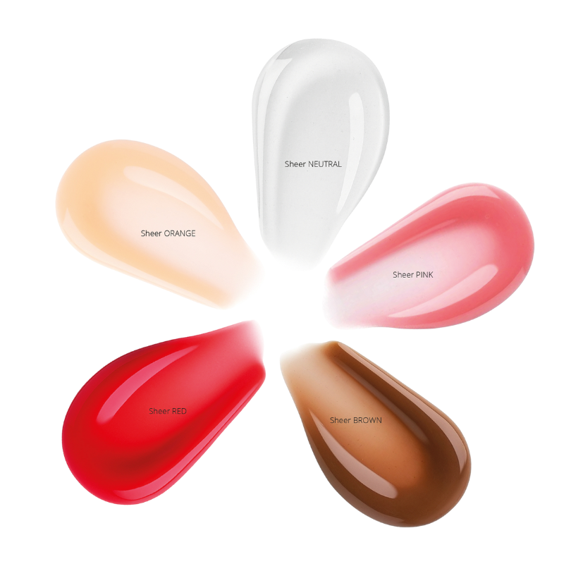 Five color swatches labeled 'Sheer Orange', 'Sheer Neutral', 'Sheer Pink', 'Sheer Red', and 'Sheer Brown' on a white background.