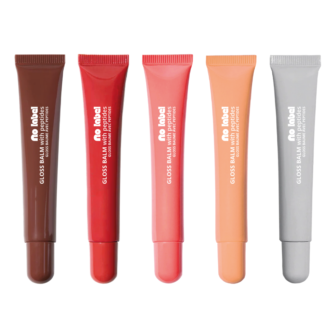 Five tubes of 'no label' gloss balms in different colors on a white background