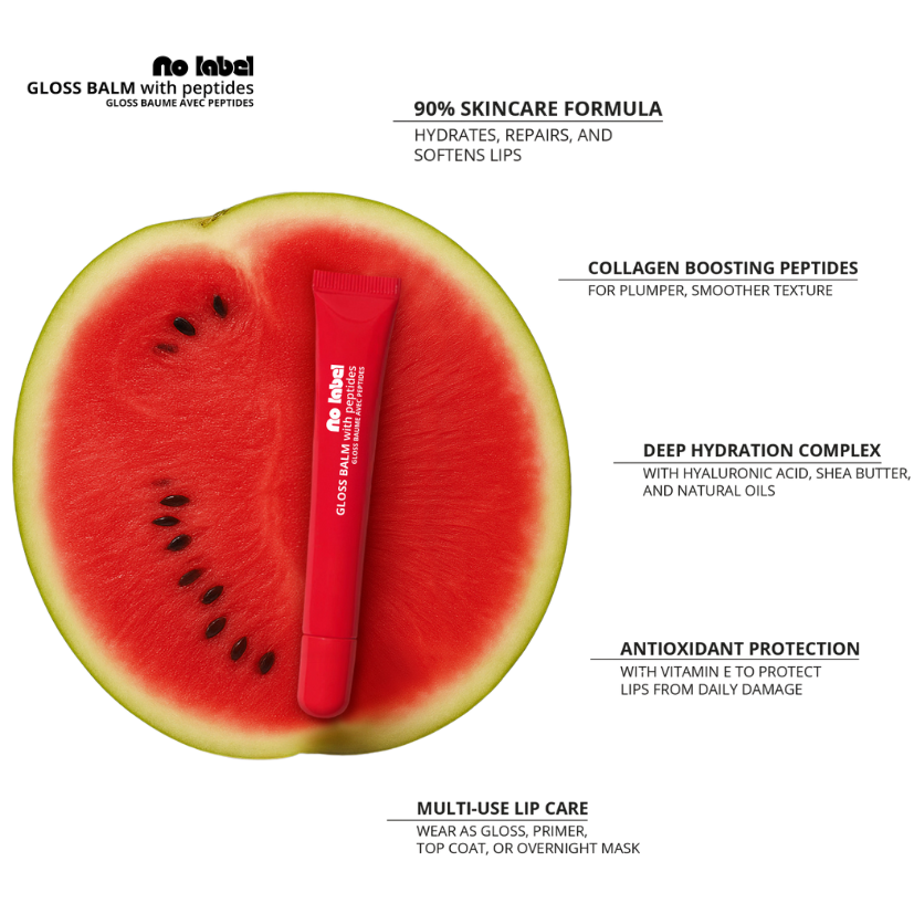 Gloss Balm with peptides packaging on a watermelon slice, with product details listed.