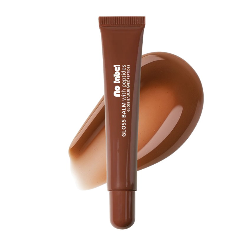 No Label lip balm in the shade Sheer Brown with a soft neutral swatch in the background