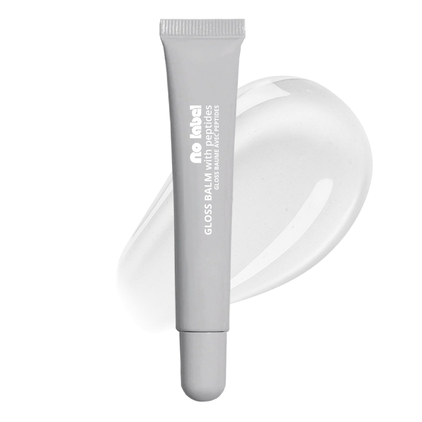 No Label lip balm in the shade Sheer Neutral with a soft neutral swatch in the background