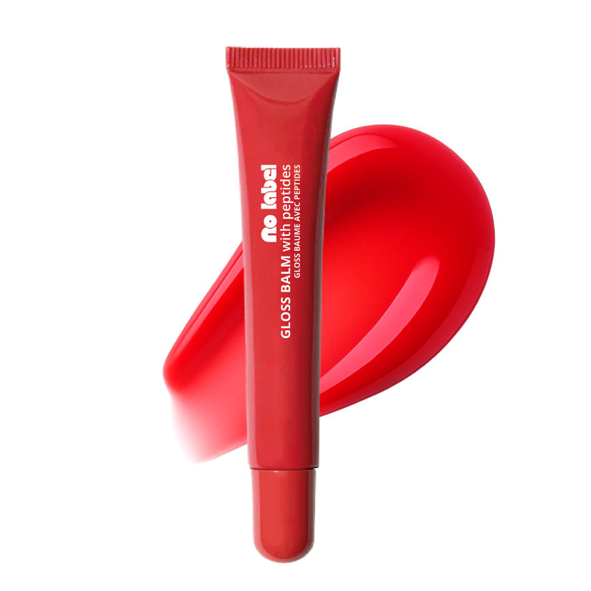 Red lip balm tube with 'No Label' branding on a white background